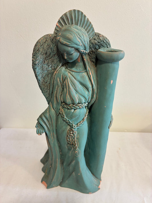 Vintage Terracotta Angel Candle Holder, Verdigris Patina Winged Figure Sculpture