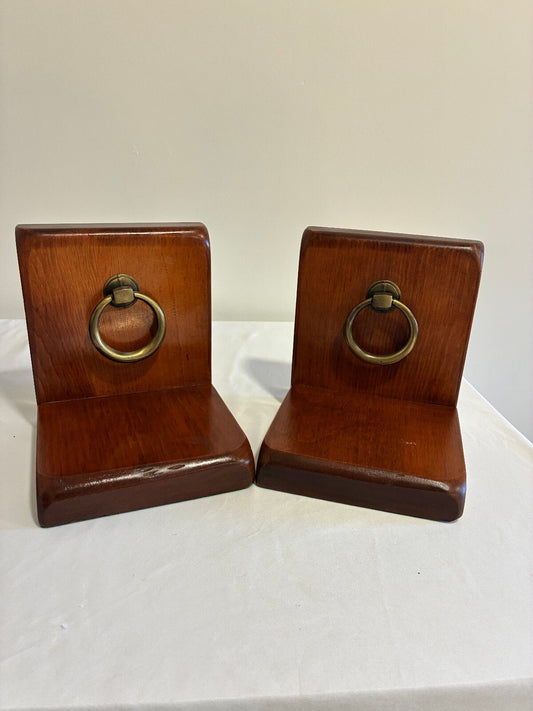 Vintage Wood Bookends with Brass Ring Pulls | Mid-Century Bookends, Set of 2