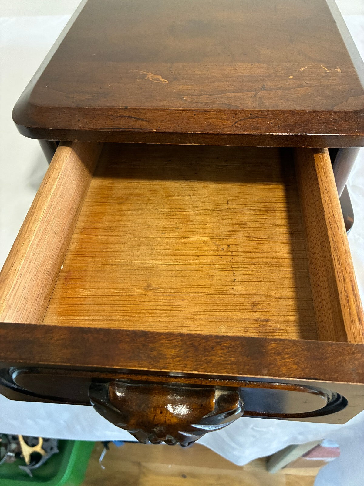 Vintage Davis Cabinet Company Wooden Box with Drawer, Antique Cherry Finish, Carved Leaf Pull, Nashville Tennessee