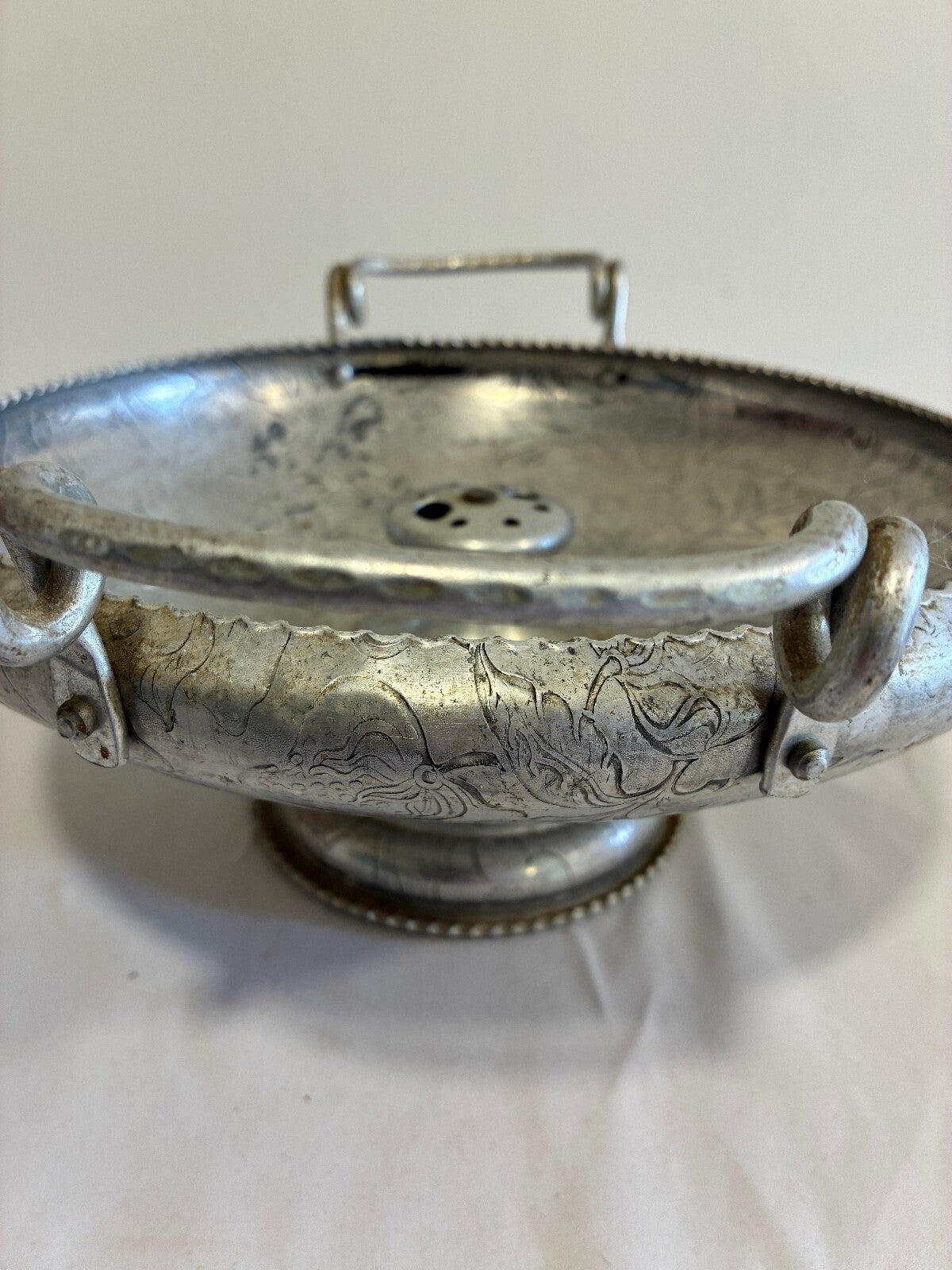Vintage Hammered Aluminum Nutcracker Bowl,Etched Floral Handled Centerpiece Bowl