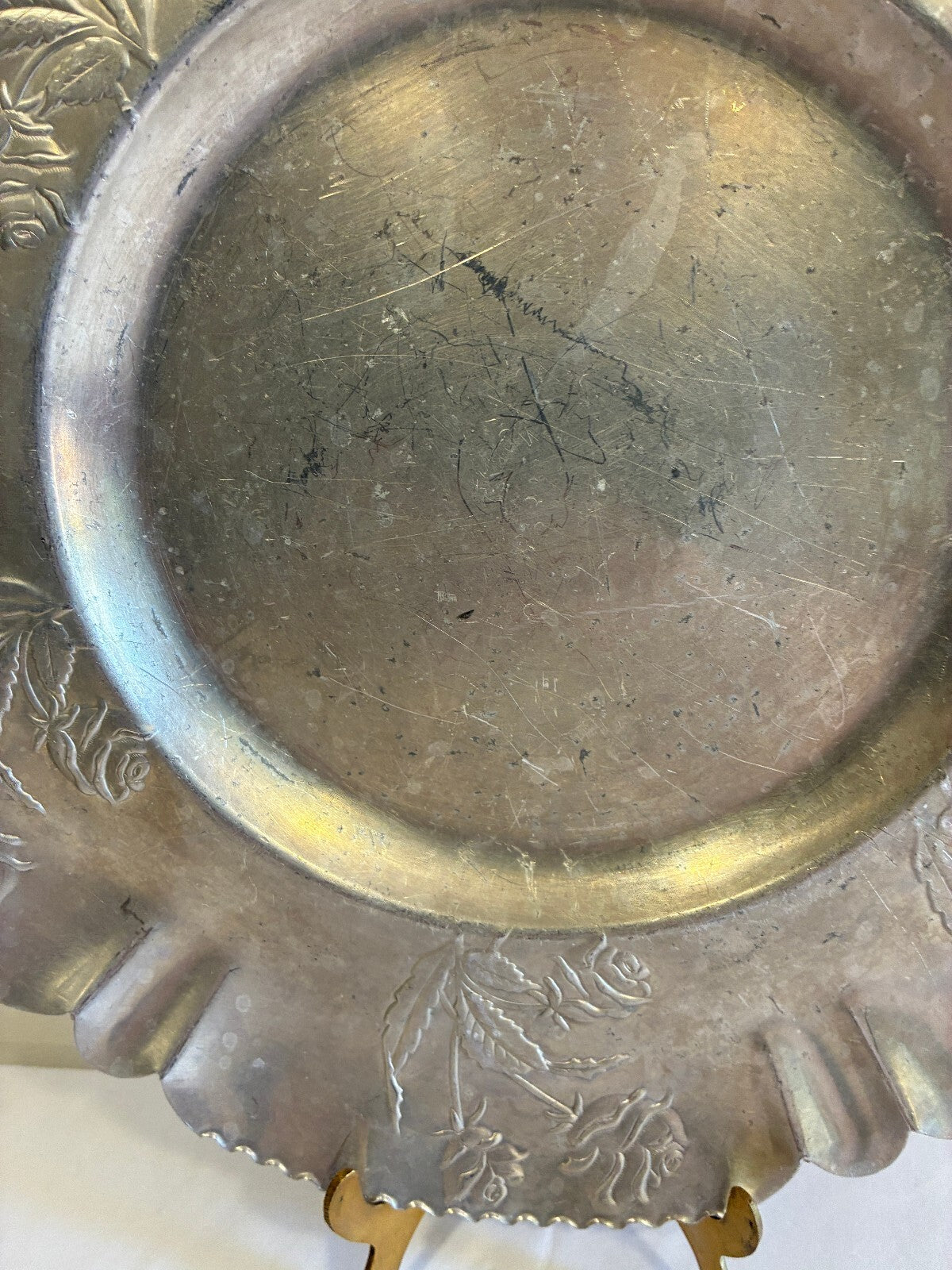 Vintage Hammered Aluminum Tray | Hand Chased Rose Design Ruffled Rim