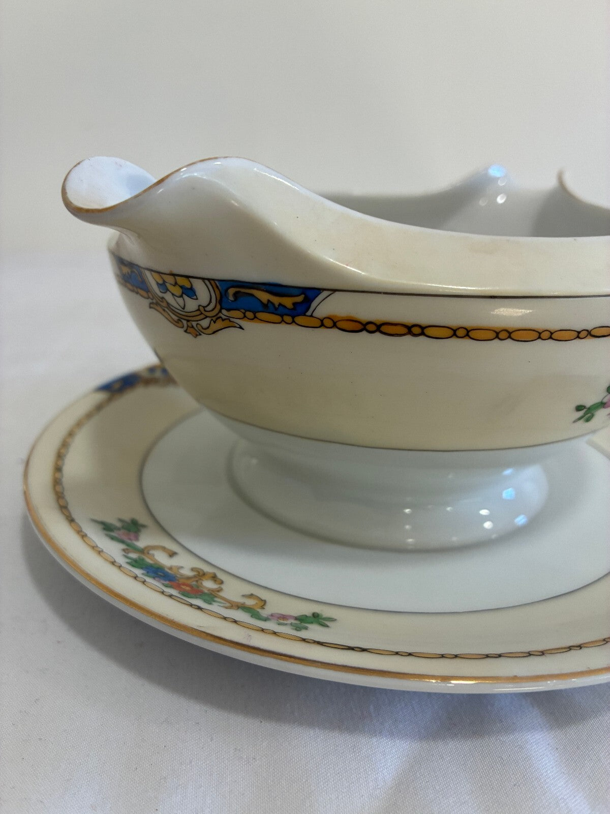Vintage Meito China Warren Gravy Boat with Attached Underplate, Blue and Gold