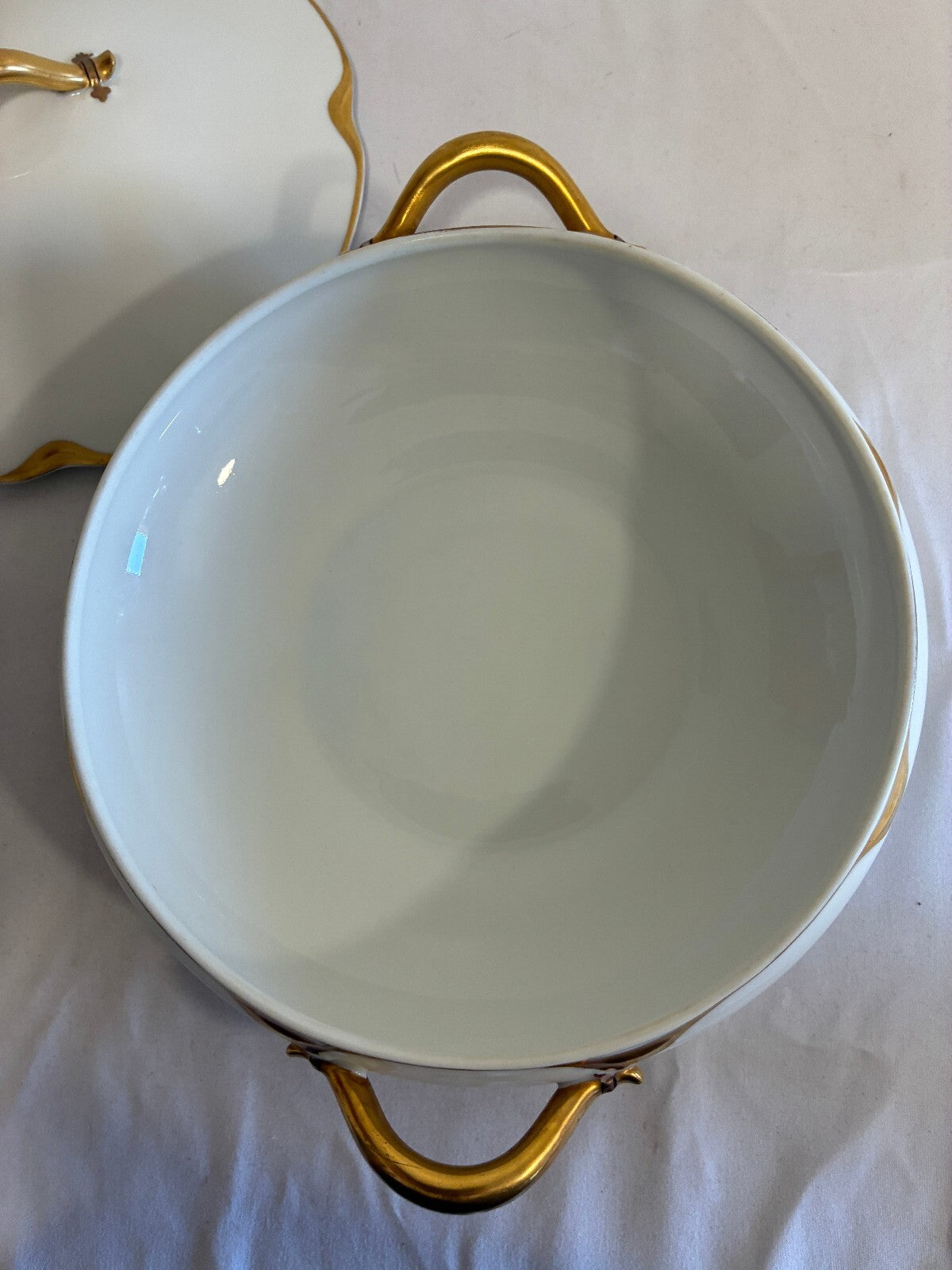 Antique Haviland Limoges Covered Tureen, White & Gold Handled Serving Dish