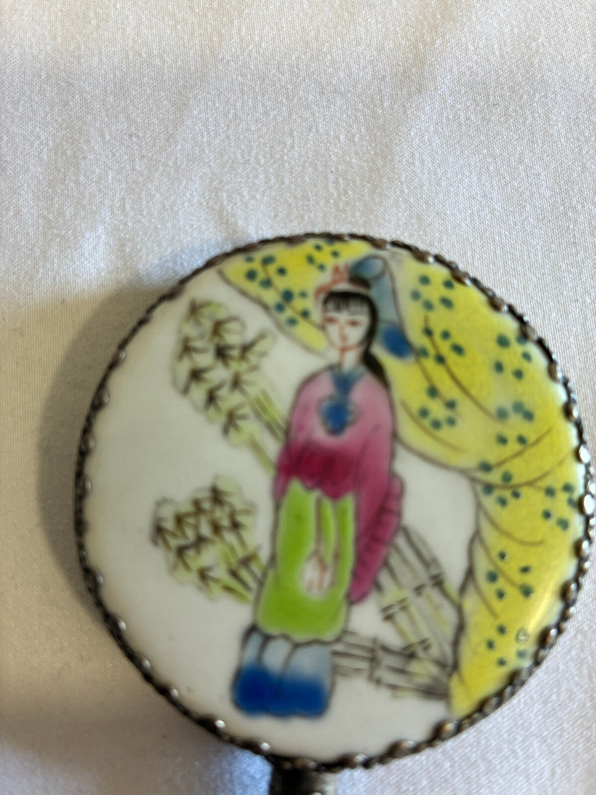 Vintage Painted Hand Mirror Jade Handle Silver Frame Asian Lady Scene