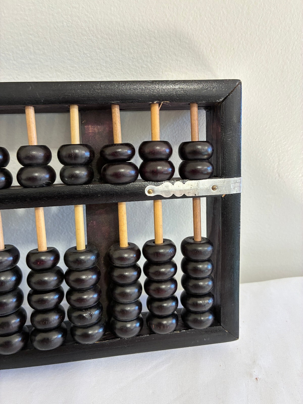Vintage Asian Wood Abacus, Black with Metal, 13-Rod Counting Frame, Black Beads