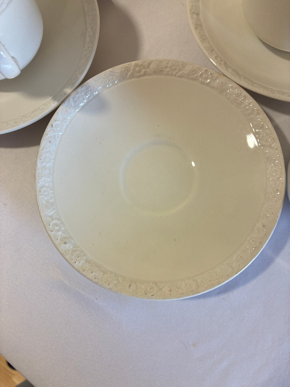 Vintage Wedgwood & Co Teacups and Saucers Set of 6, Embossed Floral Rim, England
