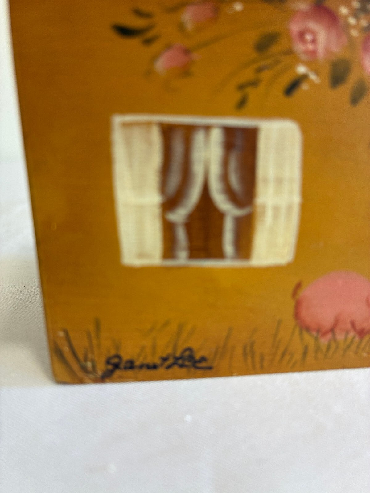 Vintage Hand Painted Wooden House Box with Drawer | Folk Art by Janet Lee