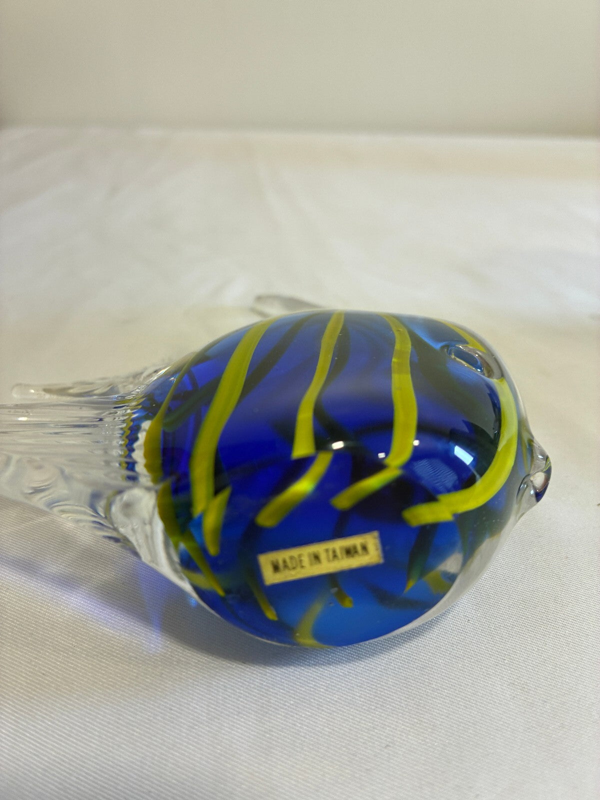 Vintage Art Glass Fish Figurine Blue Yellow Striped Made in Taiwan