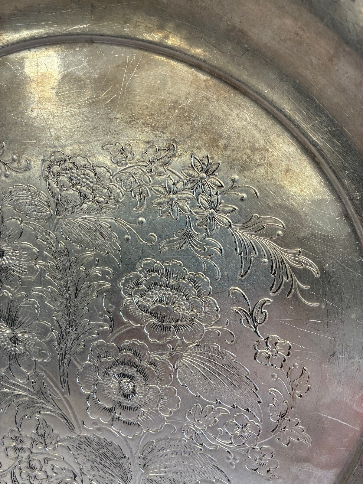 Vintage Federal Silver Co Aluminum 13.1" Round Floral Engraved Serving Tray