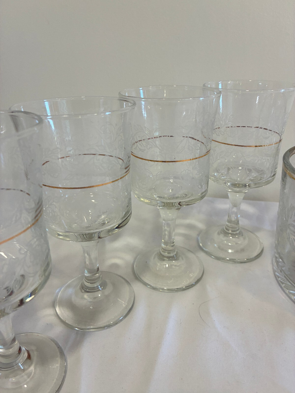 Vintage Bartlett Collins Etched Grape Glass Set 8 Goblets and Ice Bucket