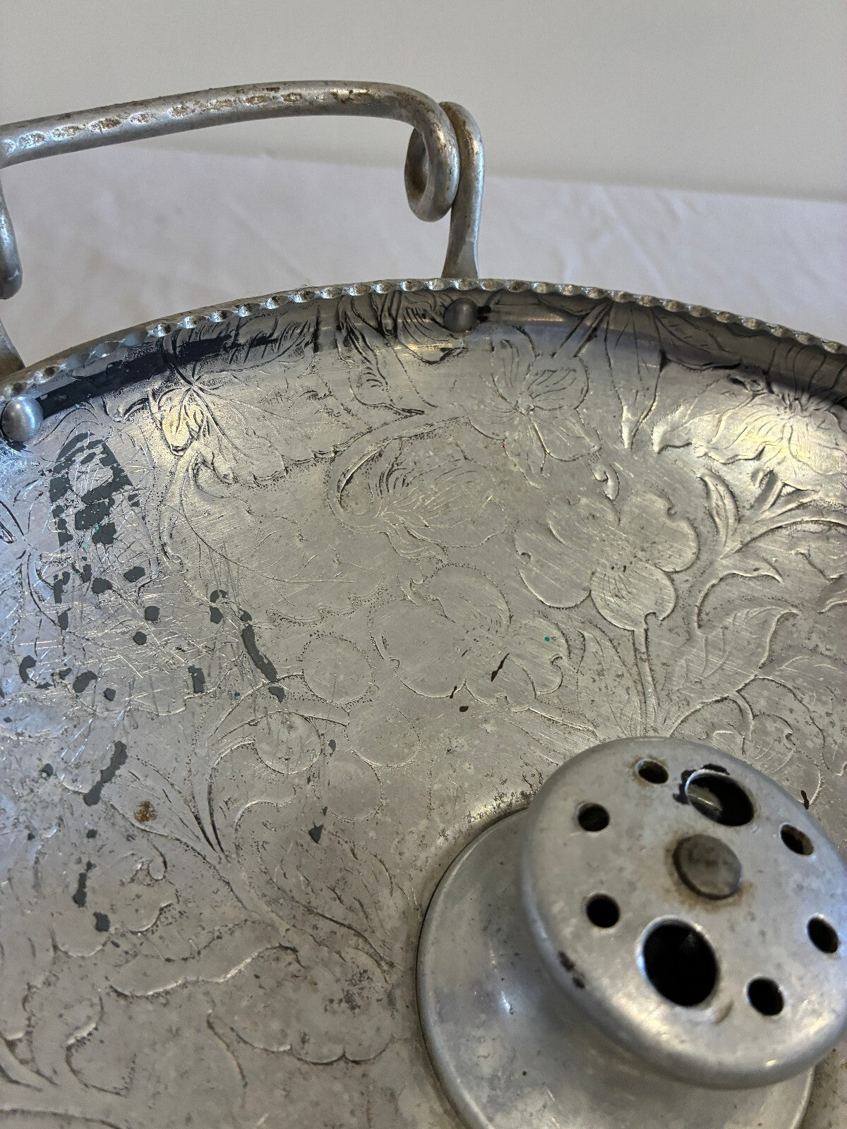 Vintage Hammered Aluminum Nutcracker Bowl,Etched Floral Handled Centerpiece Bowl