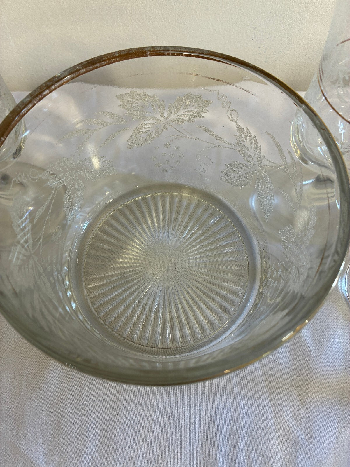 Vintage Bartlett Collins Etched Grape Glass Set 8 Goblets and Ice Bucket
