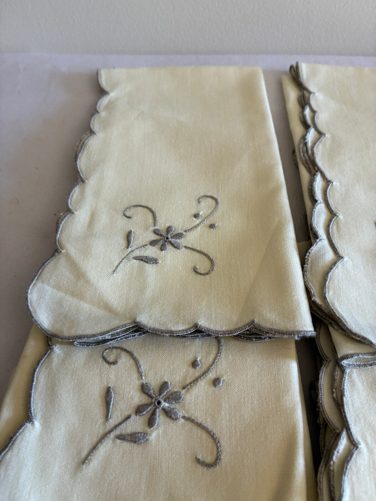 Vintage Ivory Cotton Napkins Set of 8 | Gray Embroidered Floral Scalloped Edge