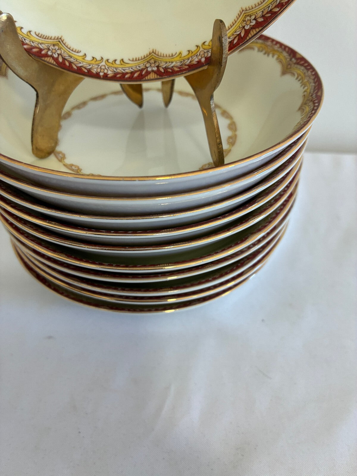 Vintage Set of 11 Meito China Celestine Fruit Bowls, Rust and Gold Border