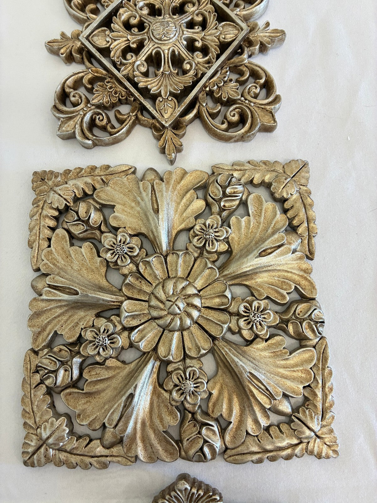 Silver Gilt Painted Wood Medallions Wall Plaques, Set of 3, Hollywood Regency