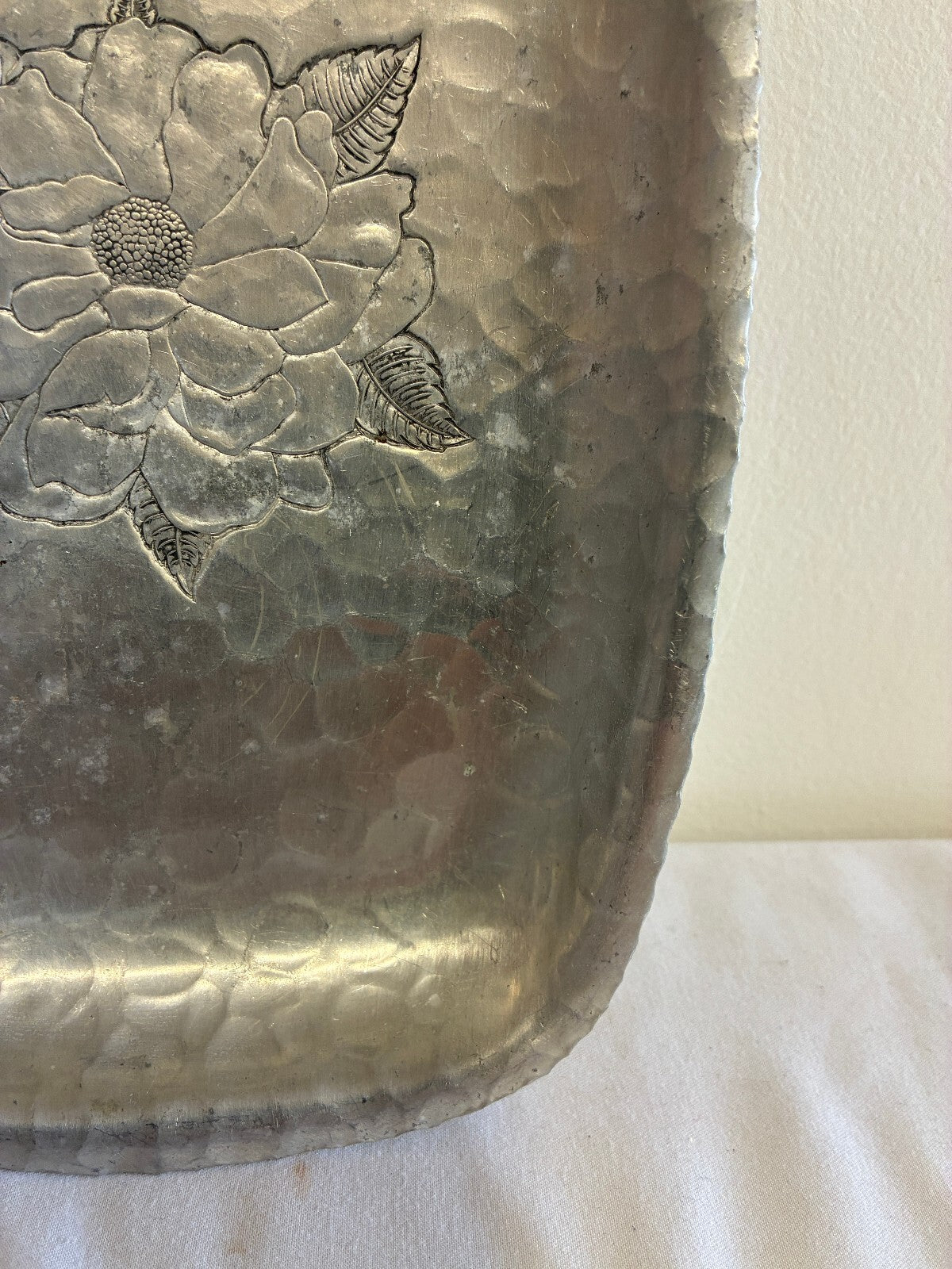 Vintage Farberware Wrought Aluminum Tray | Etched Flower Hammered Serving Dish