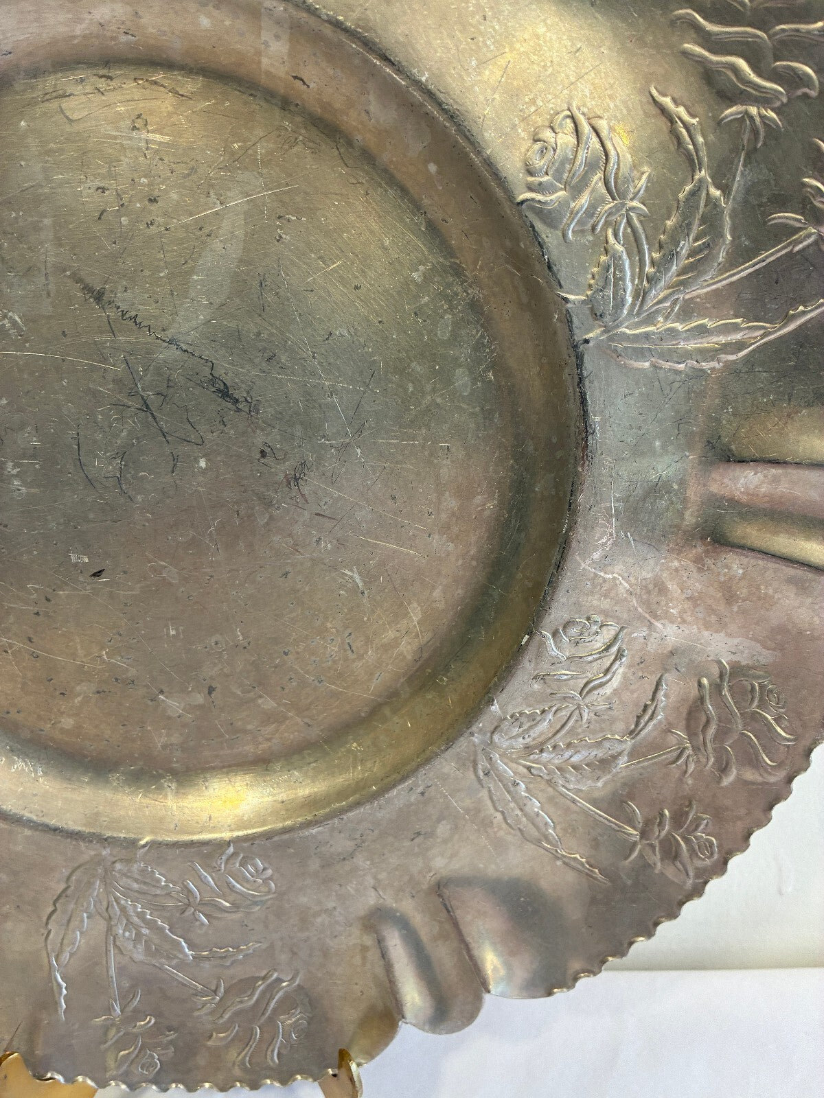Vintage Hammered Aluminum Tray | Hand Chased Rose Design Ruffled Rim
