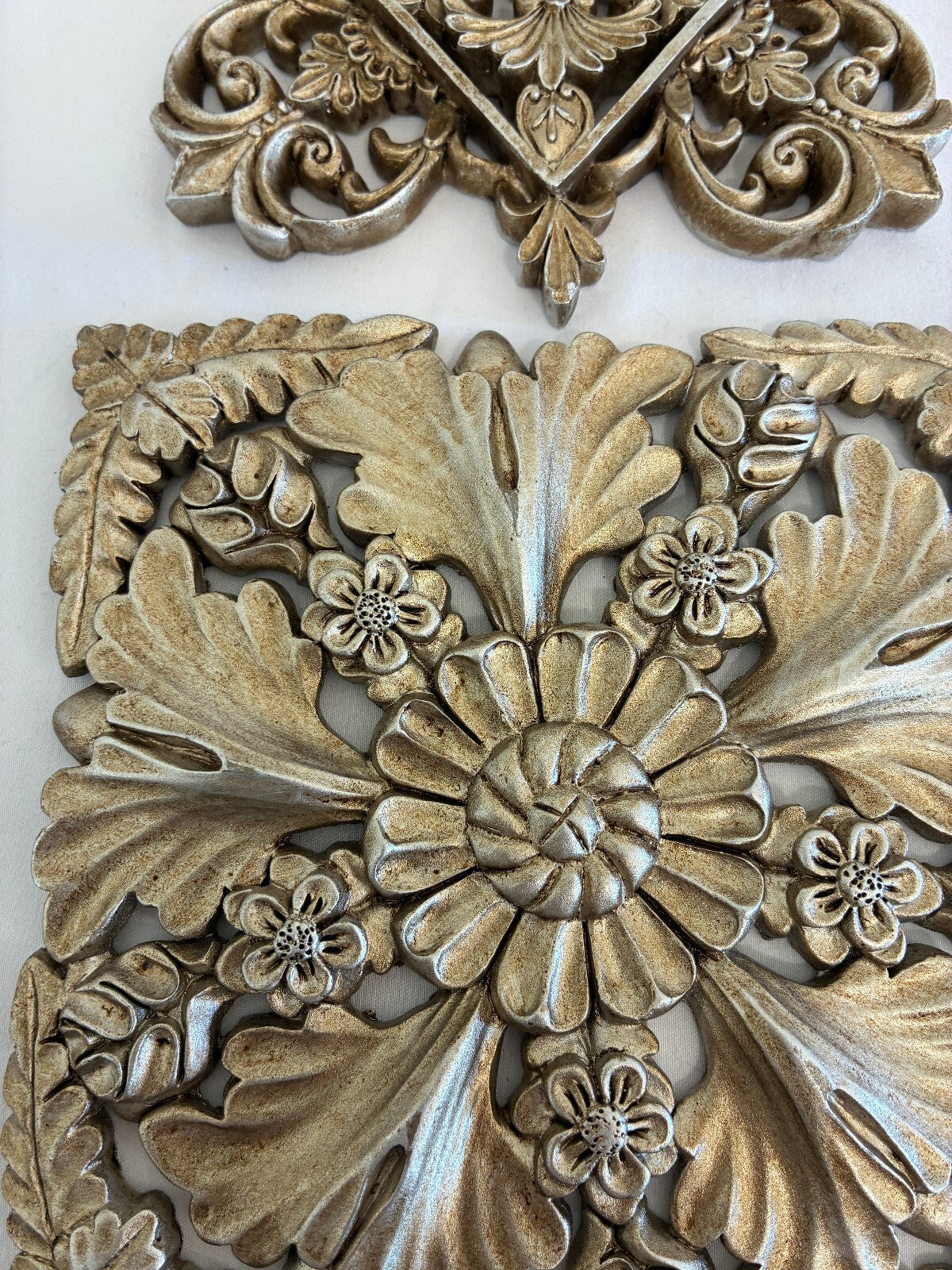 Silver Gilt Painted Wood Medallions Wall Plaques, Set of 3, Hollywood Regency