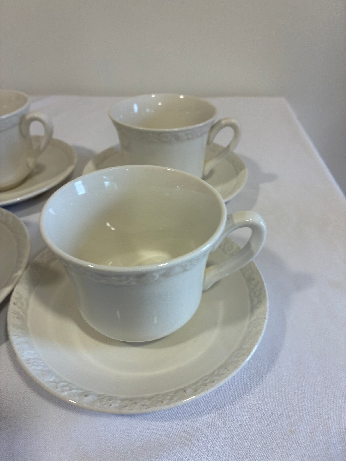 Vintage Wedgwood & Co Teacups and Saucers Set of 6, Embossed Floral Rim, England