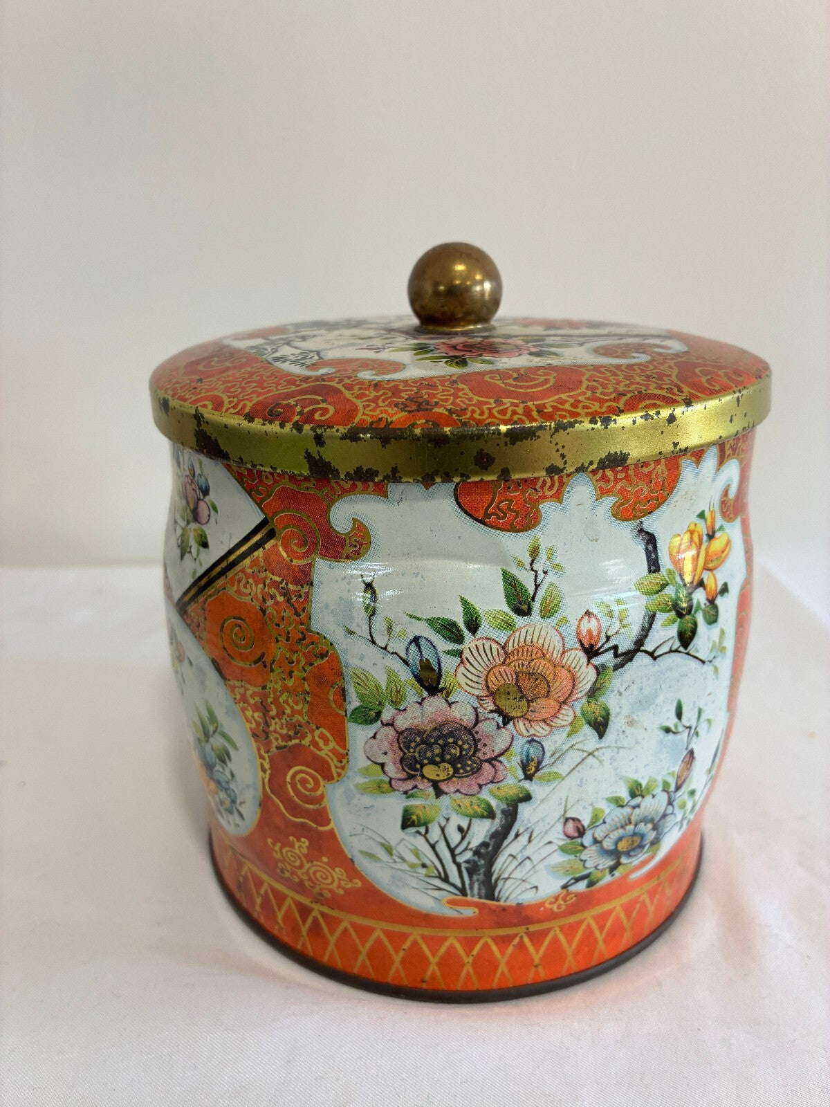 Vintage Daher Tin, Brass Knob Lid, Orange Chinoiserie Canister, Made in England