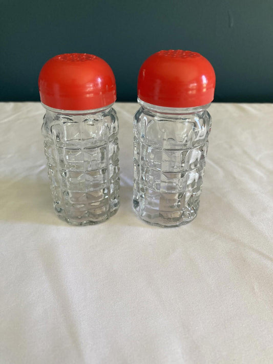 Vintage 1960s Quilted Glass Salt & Pepper Shakers with Red Plastic Lids