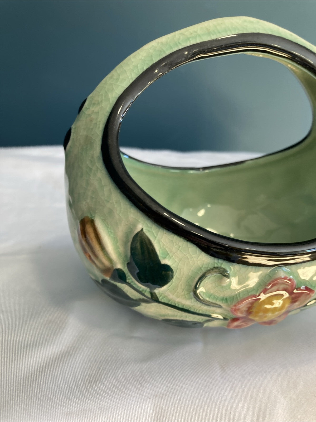 Vintage Japan Ceramic Basket Hand Painted Flowers Green with Black Edge 4"