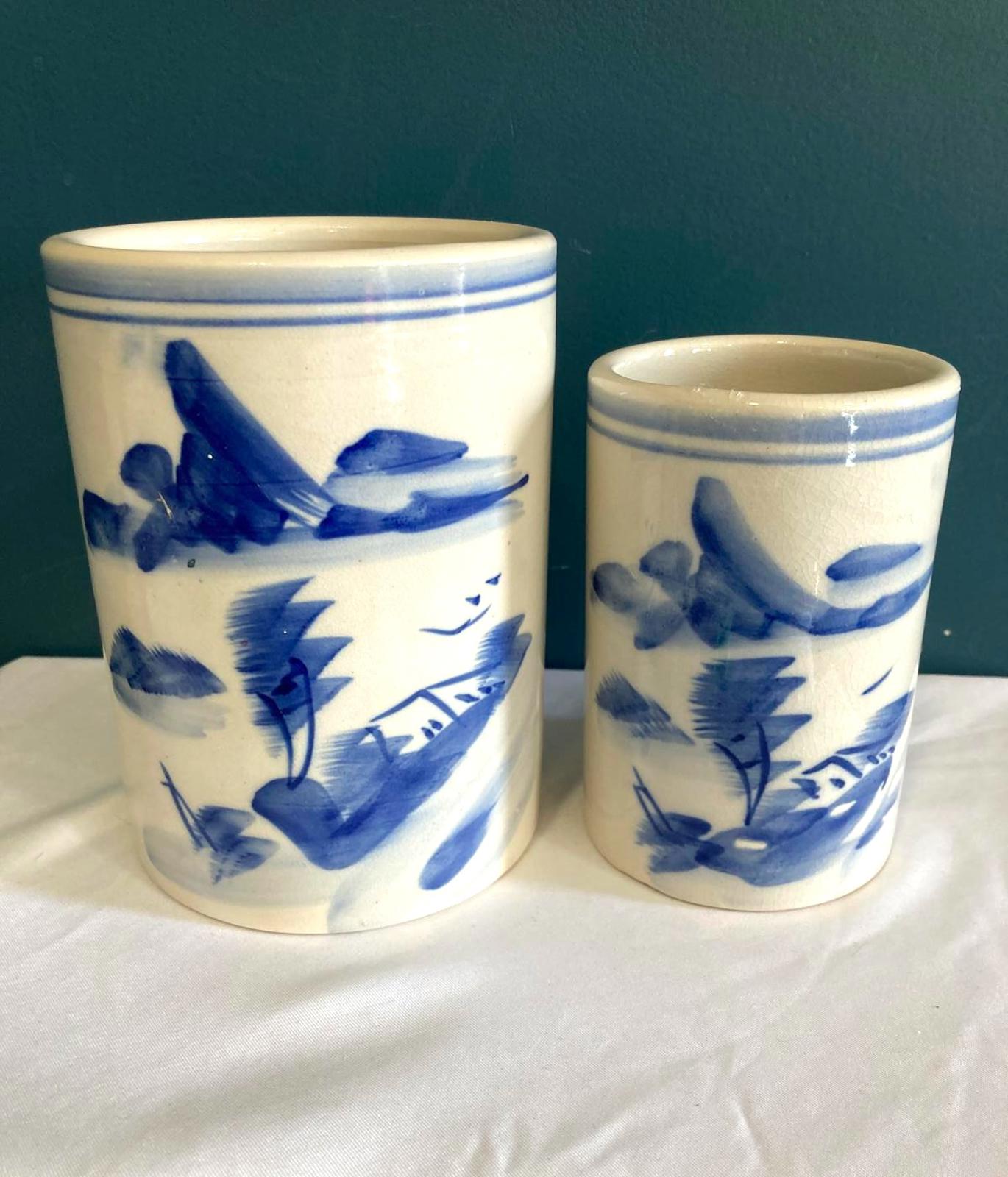Vintage Blue and White Artist Brush Crock Set
