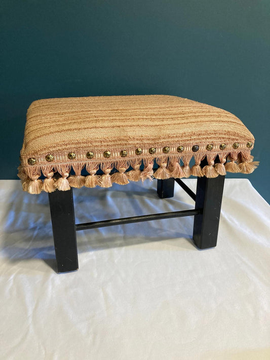 Vintage Pink Brocade Footstool with Fringe