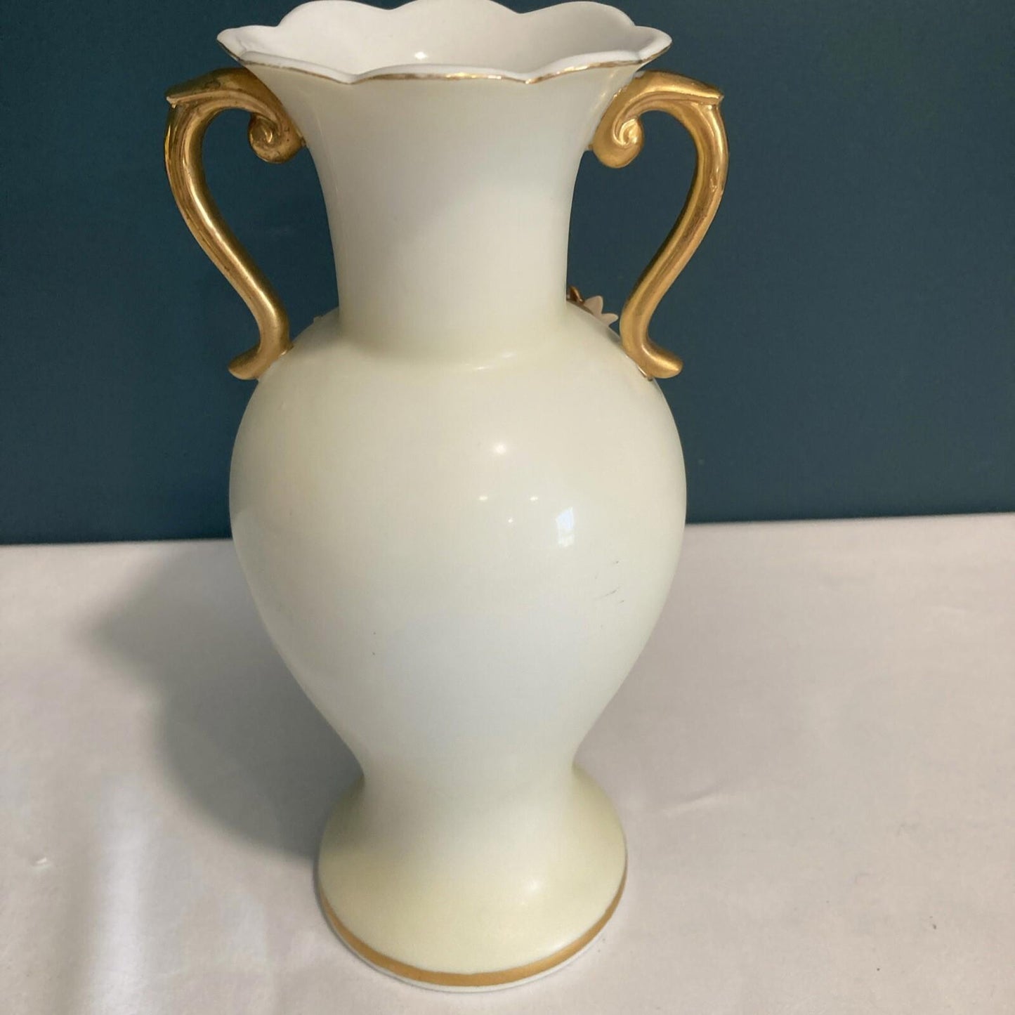 Vintage Porcelain Vase with Gold Handles and Floral Relief
