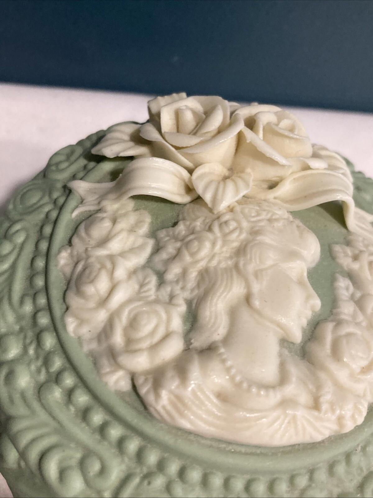 Vintage Victorian Lady Trinket Box, Sage Green & Ivory Footed Vanity Box with Roses, Shabby Chic Decor
