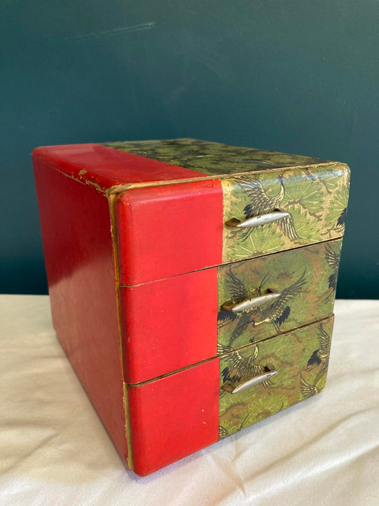 Early 20th Century Japanese Small 3 Drawer Box With Papered Cranes