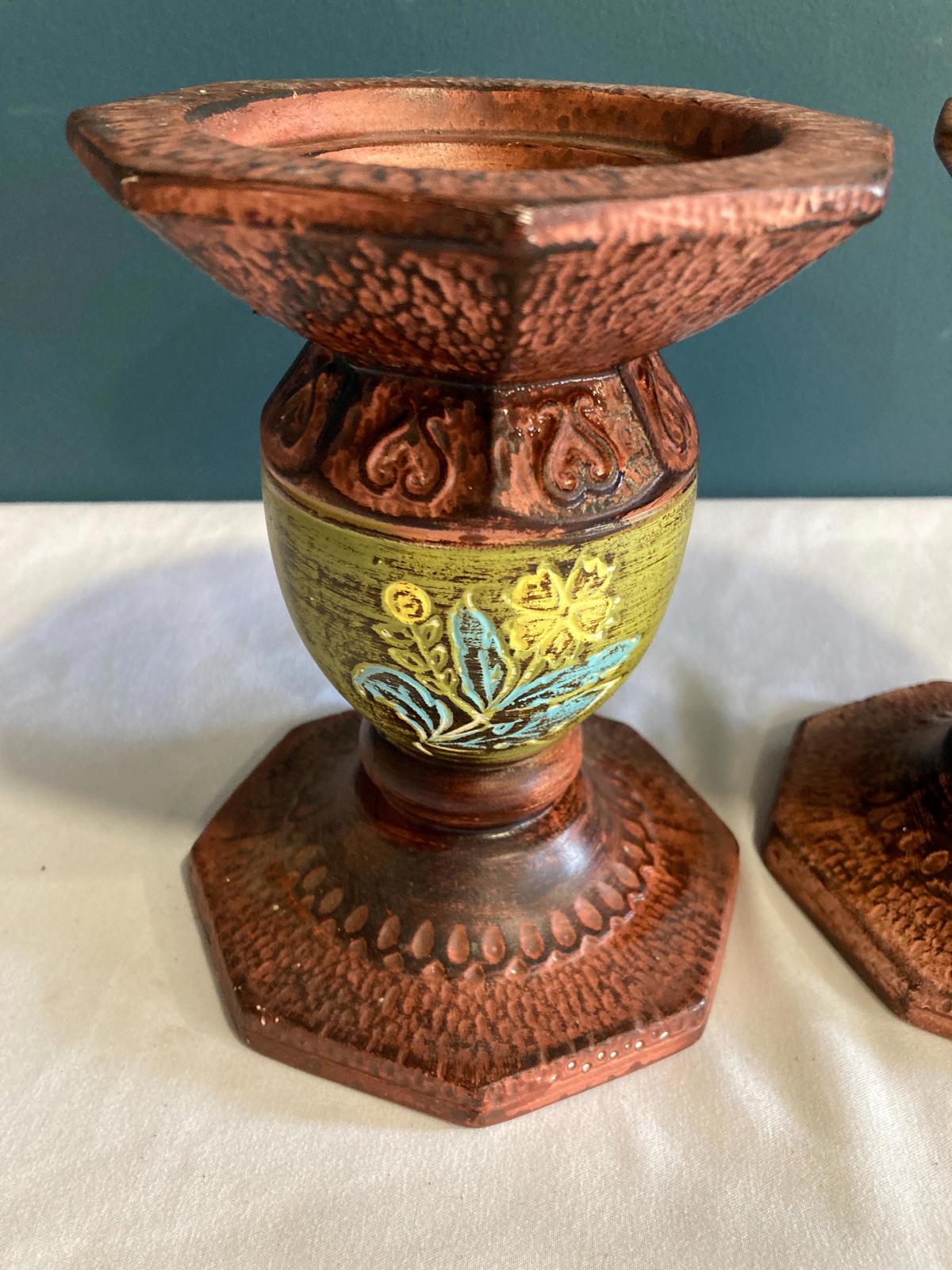 Vintage Hand-Painted Ceramic Candleholders – Brown with Green & Floral Design – Pair