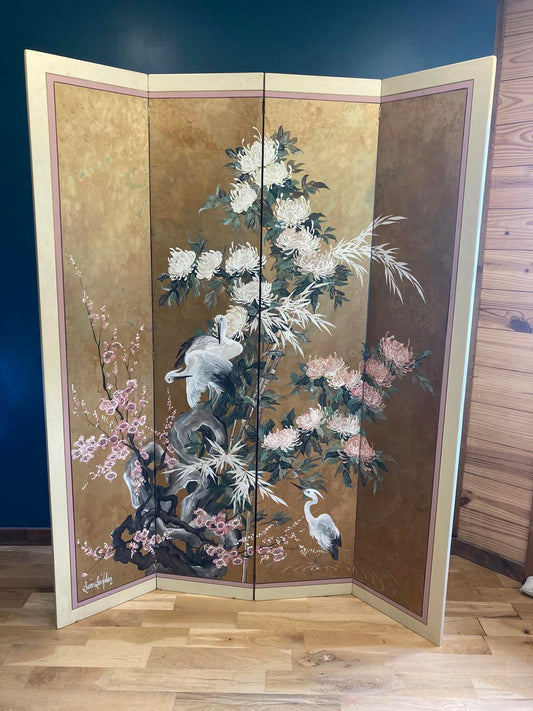 Midcentury Lucien Leinfelder Hand Painted Wood Four-Panel Asian Screen