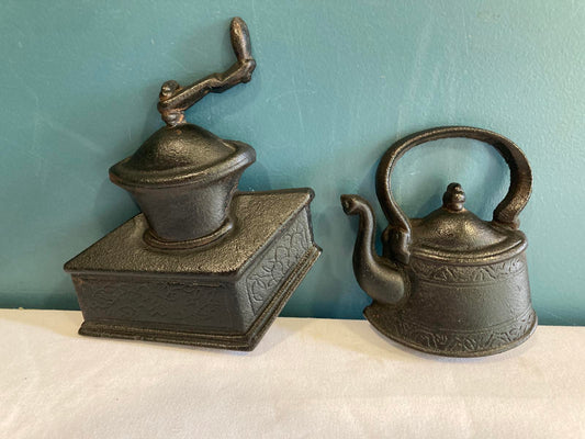Vintage Cast Iron Coffee Grinder and Teapot Wall Decor – Set of 2