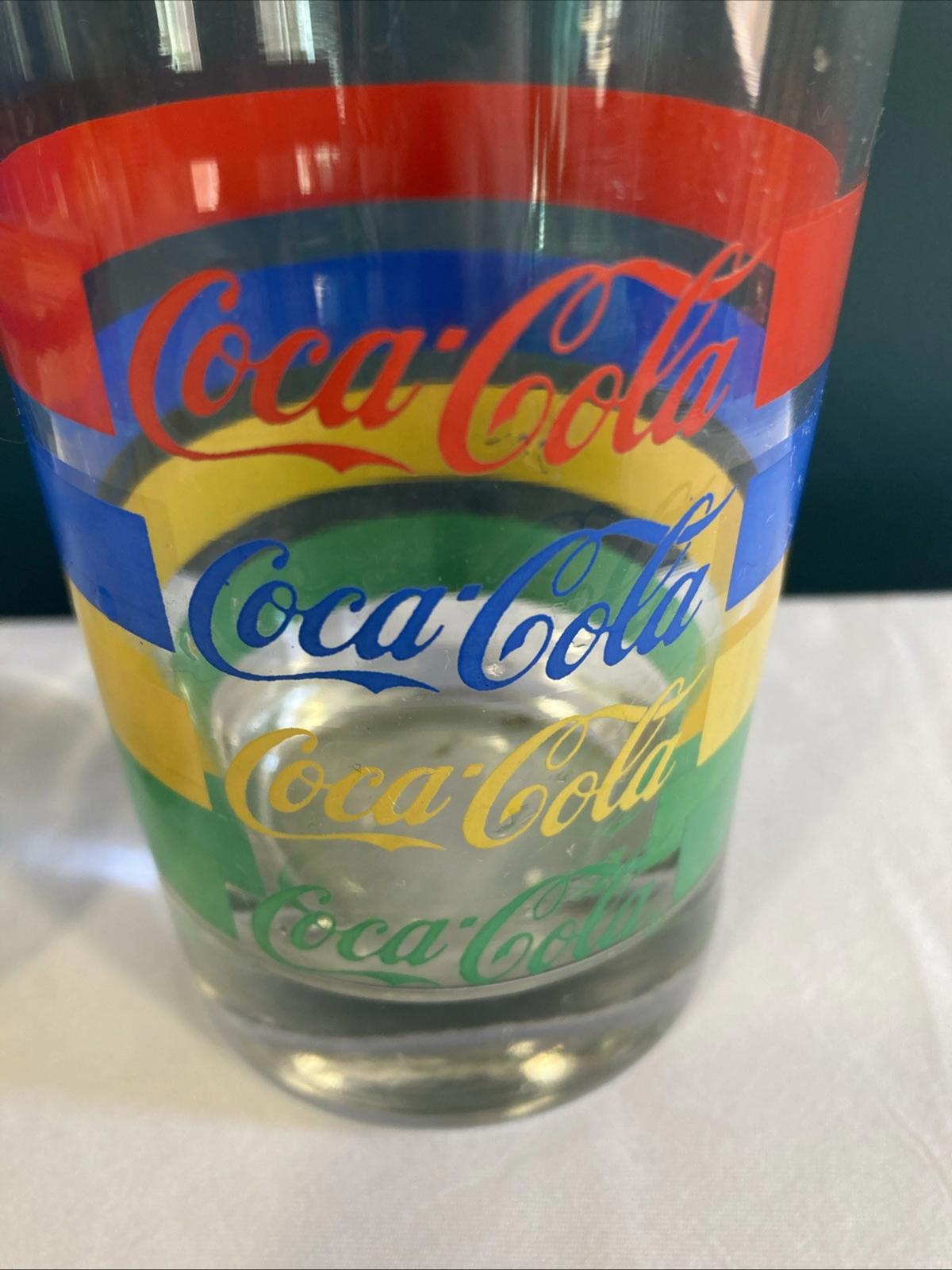 Vintage Set of 2 Coca Cola Striped Drinking Glasses 12 oz Soda Tumblers