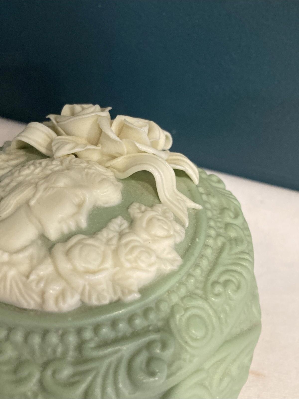 Vintage Victorian Lady Trinket Box, Sage Green & Ivory Footed Vanity Box with Roses, Shabby Chic Decor