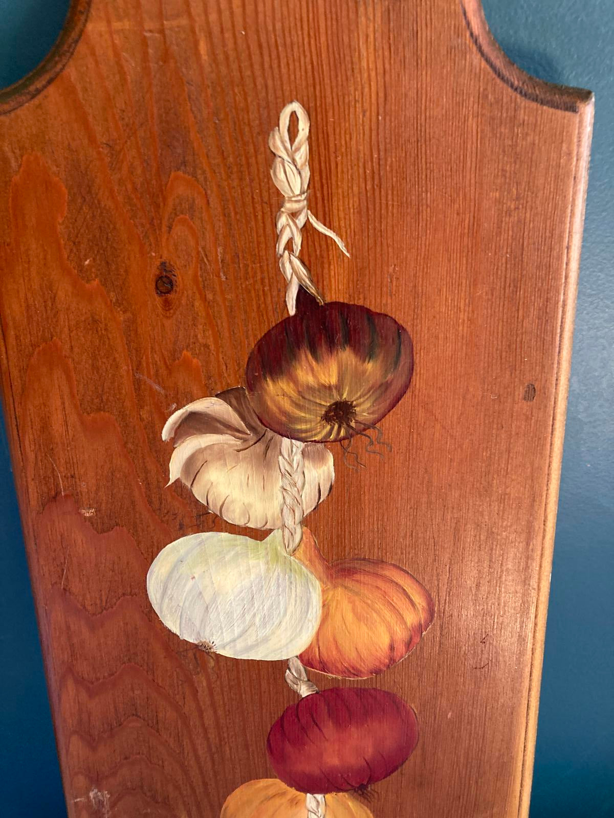 Vintage Midcentury Painted Wood Wall Hanging With Onions and Garlic