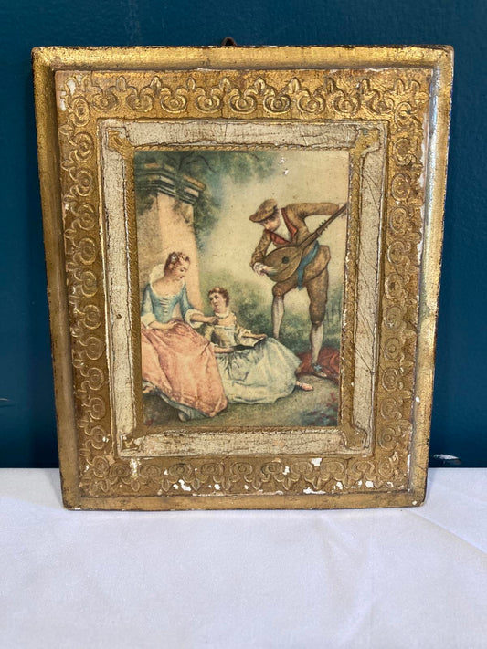 Vintage Italian Gold Framed Romantic Scene on Wood