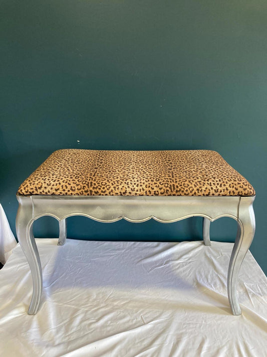 Vintage Small Painted Bench With Leopard Upholstery