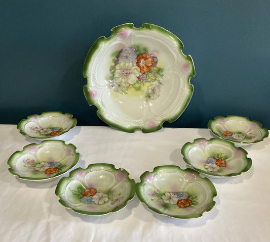 PRUSSIA Austrian Victorian LARGE DEEP SERVING BOWL W/6 Small Bowls SCALLOPED