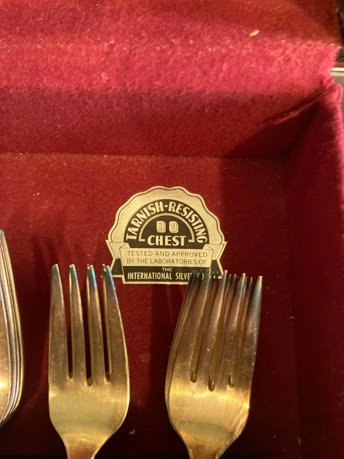 W.M. Rogers Daffodil Silverplate Flatware Set of 52 in Tarnish Free Wooden Case