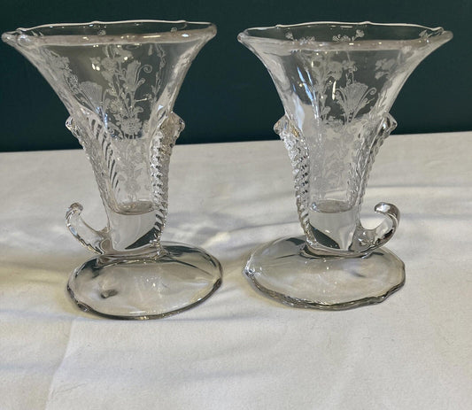 Vintage Duncan & Miller Cornucopia Etched Glass Vases – Set of 2