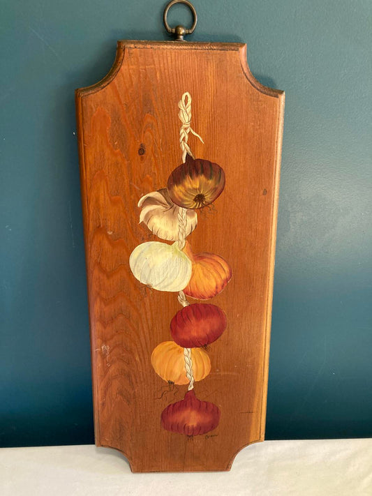 Vintage Midcentury Painted Wood Wall Hanging With Onions and Garlic