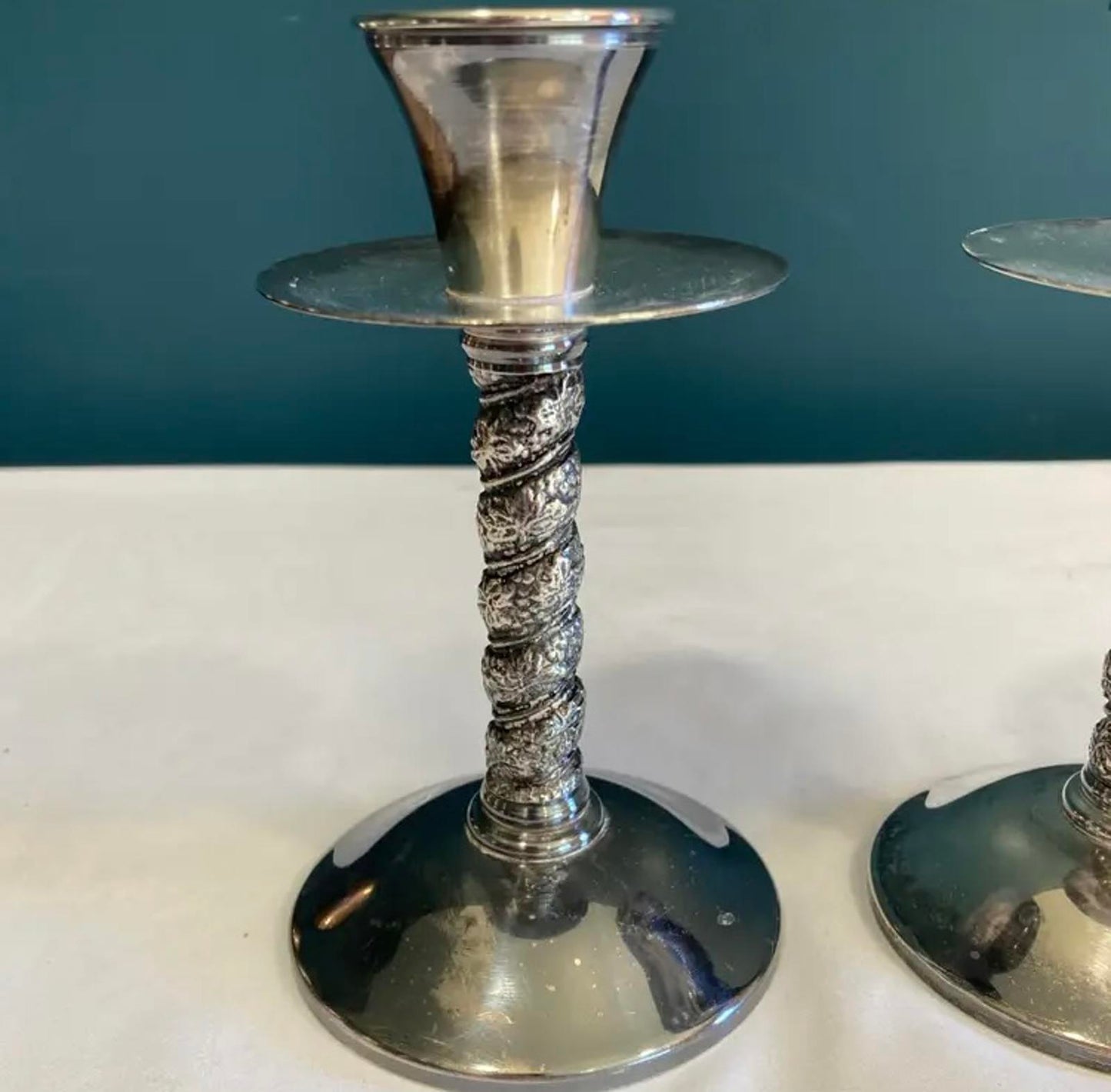 Pair of Vintage Silver Plated Candlesticks -Ornate Twisted Column Candle Holders