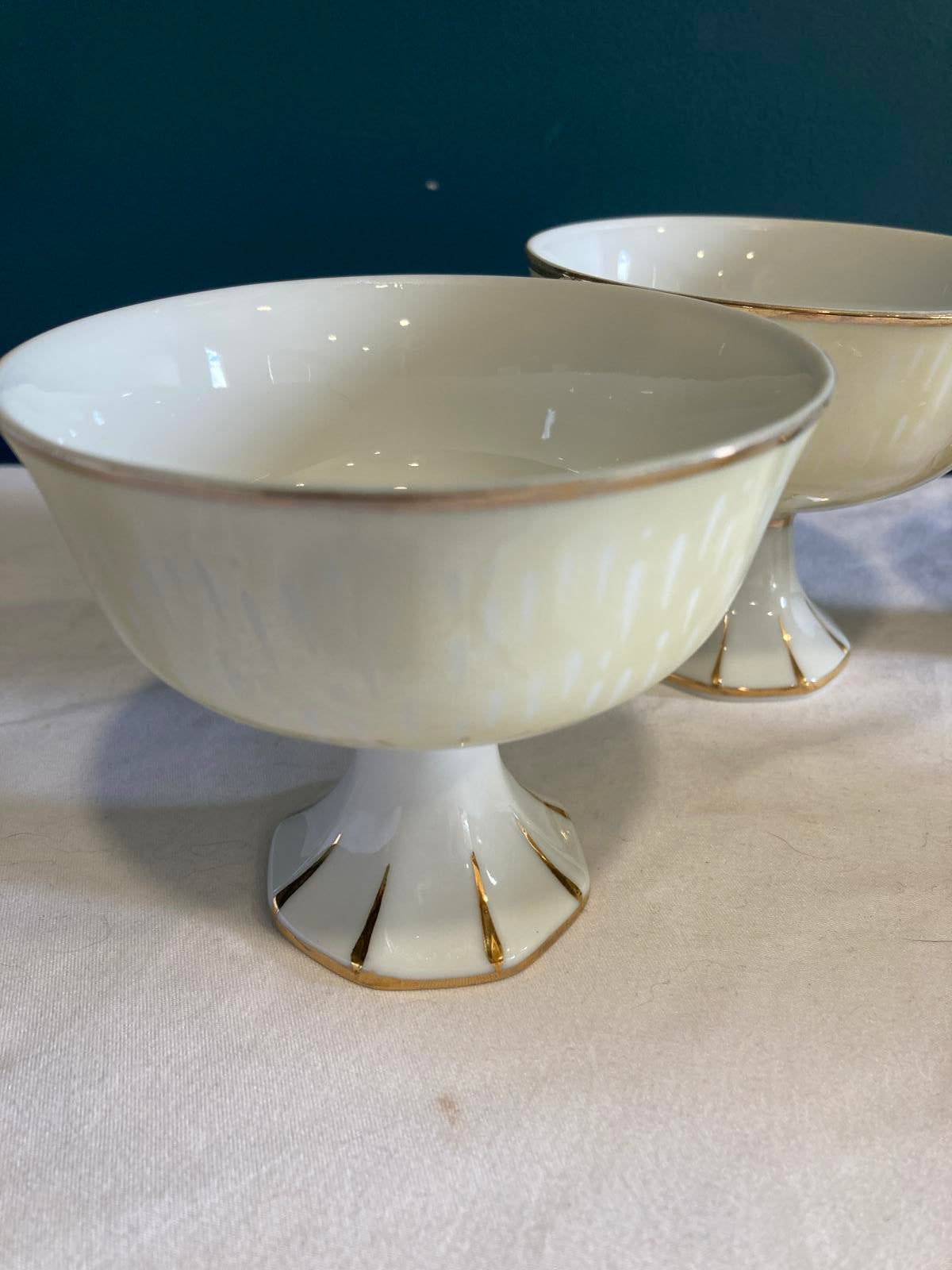 Vintage Luster Pedestal Dessert Bowls Iridescent Porcelain with Gold Trim