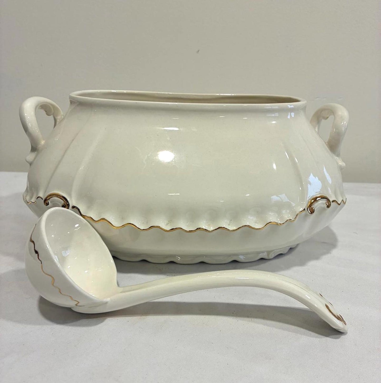 Vintage Ceramic Soup Tureen with Ladle Cream Gold Trim Serving Dish