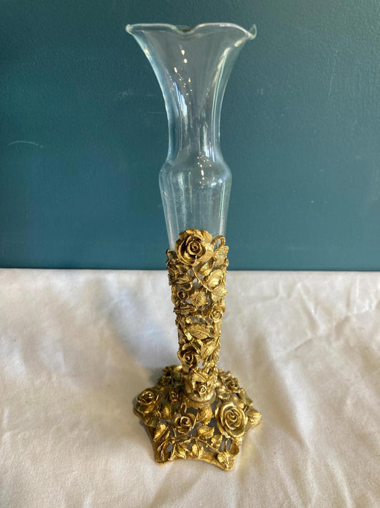 Vintage Matson Brass Roses Bud Vase with Glass Insert