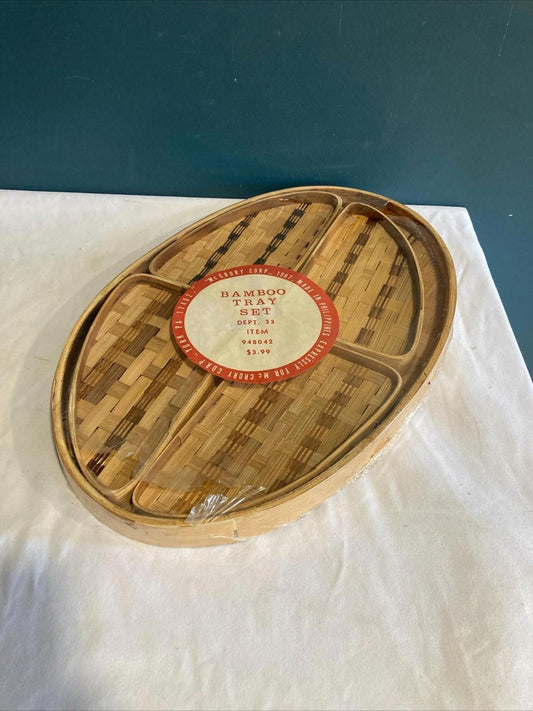 Vintage Midcentury bamboo tray set in original packaging, set of 5