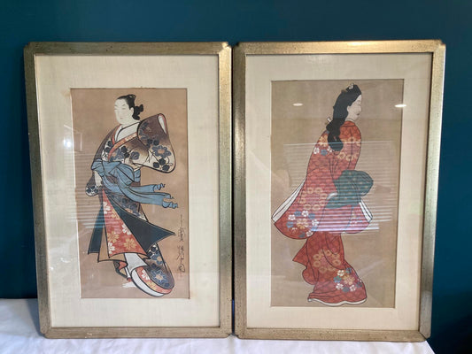 2 Vintage Framed Japanese Woodblock Print Style Geisha Art Kimono Wall Art