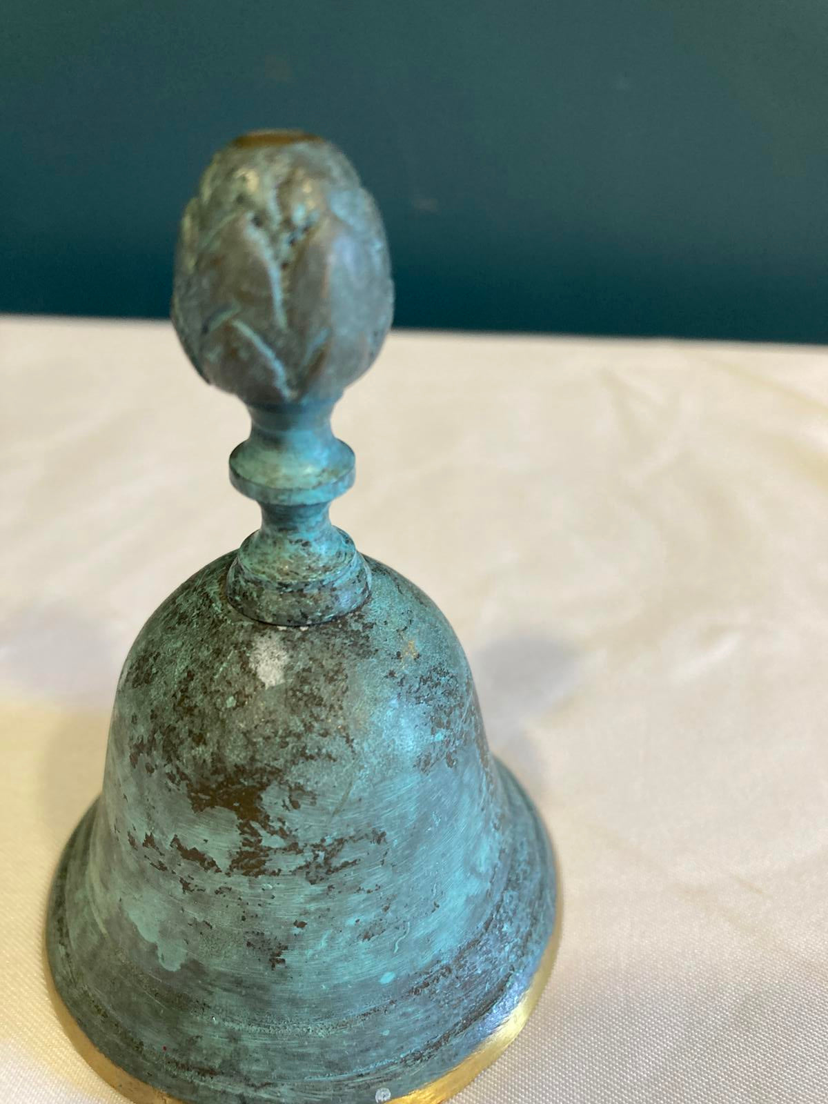 Vintage Green & Gold Brass Bell w/ Double-Headed Eagle – Ornate Finial, 3” Tall